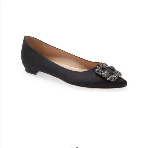 Manolo Blahnik Hangisi Satin Flats Black Sz: 36.5 Jeweled Pointy Toe Flat - Picture 3 of 11